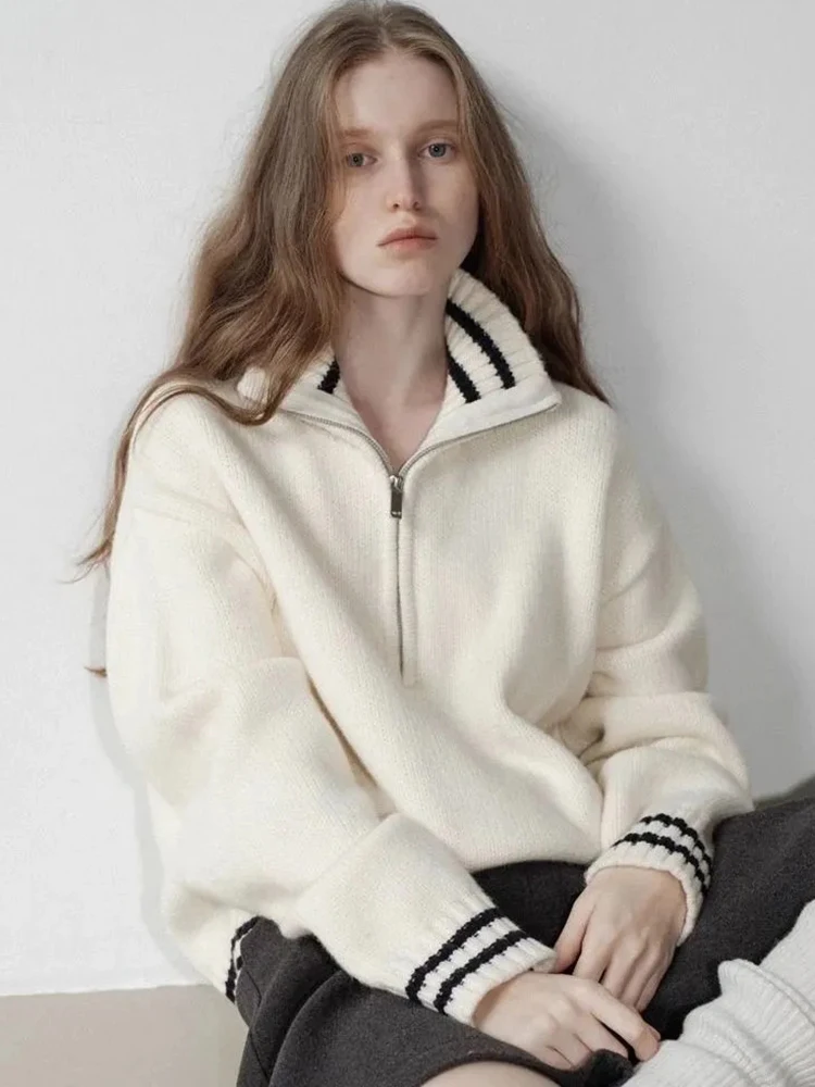 

French Vintage Striped Sweaters Women Loose Zipper Knitted Pullovers Preppy Style Fall Long Sleeve Female Cute Sweet Tops