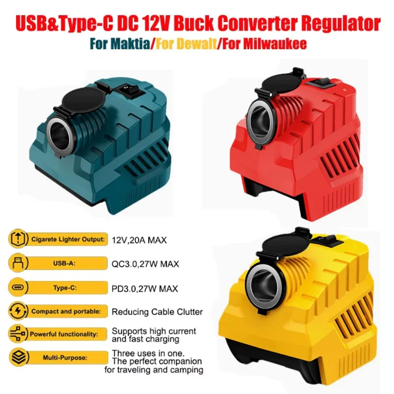 For Makita/DeWalt/Milwaukee 18/20V Batteries with USB&Type-C Ports DC 12V Step-Down Regulated Converter for DIY Projects