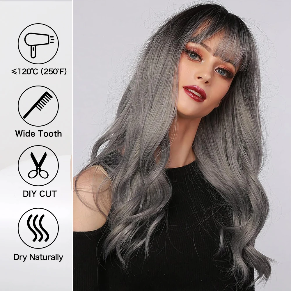 Long Wavy Silver Ash Ombre Cosplay Synthetic Wigs Natural Curly Gray Black Hair Wig with Bangs for Women Afro Heat Resistant