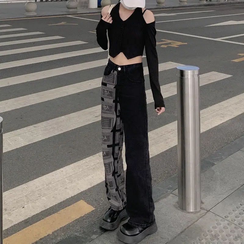 

Women's Jeans Wide Leg Pants Black Retro Trousers Oversized Harajuku Yk2 Street Denim Pants Casual Loose Ladies Spliced Jeans