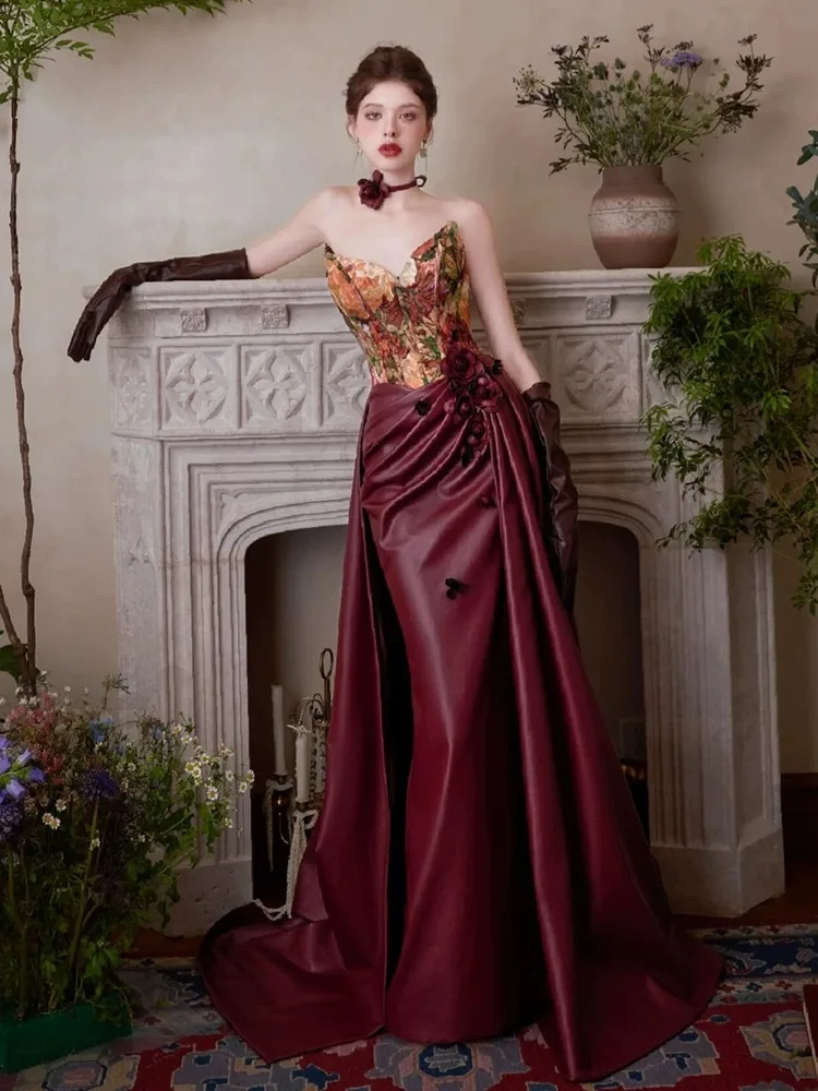 

Red Bridal Gown Evening Dr Women's Luxury Sensation Vintage Sle Wedding Reception Ceremony Ele Off-oulder Draped