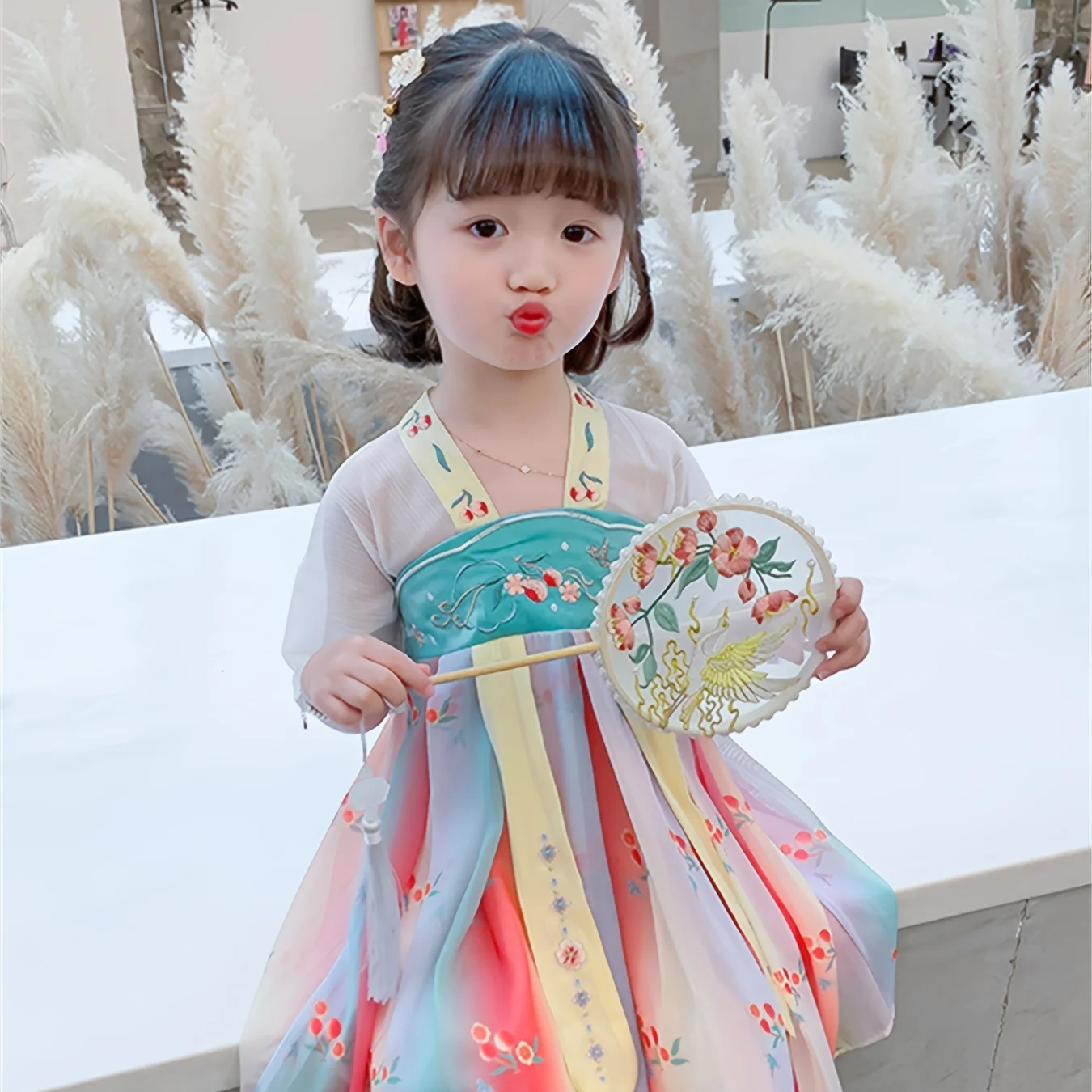 Toddler Girls Chinese Hanfu Half Sleeve Flowers Embroidery Princess Dress Tang Suit New Year Traditional Festival Outfits