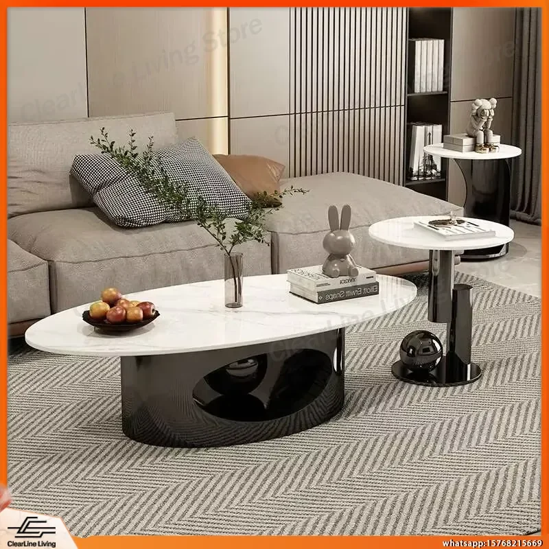 

Modern Marble Effect Coffee Table with Metal Legs Nordic Oval Living Room Side Table White Premium Home Furniture for Small