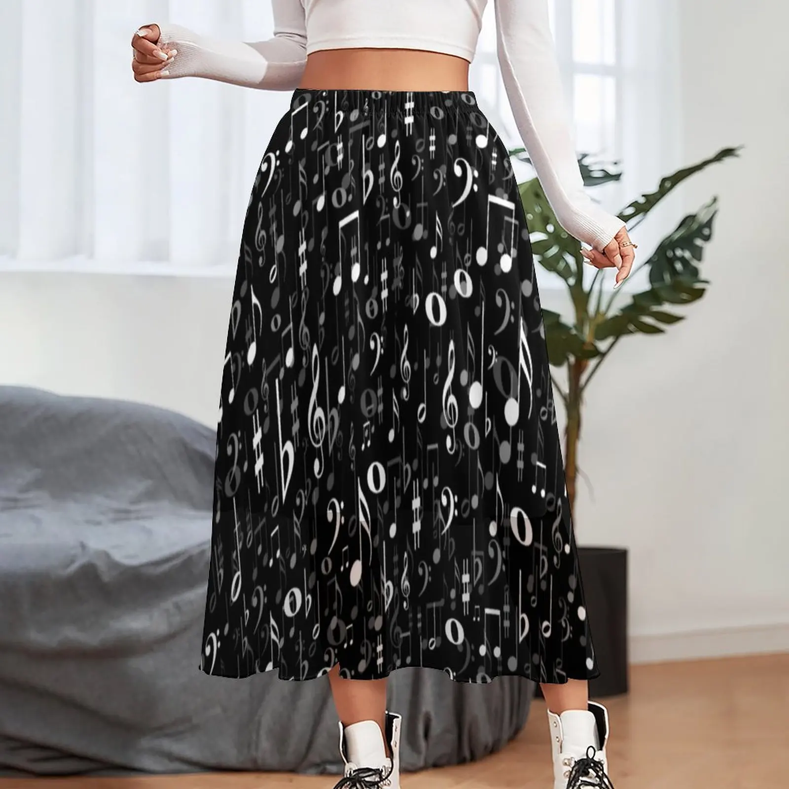 Fun Music Notes Chiffon Skirt Black And White Street Fashion Casual Skirts Beach Boho Skirt Custom Clothing Birthday Present