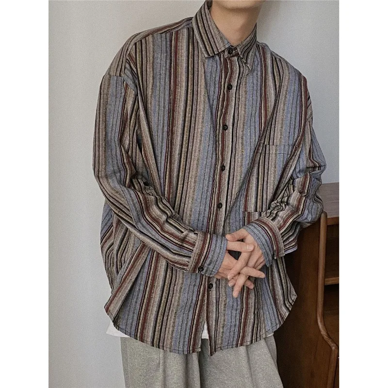 EBAIHUI Retro Vertical Striped Men's Shirt Outerwear Japanese Long Sleeved Single Breasted Top Fashionable Casual Male Clothing