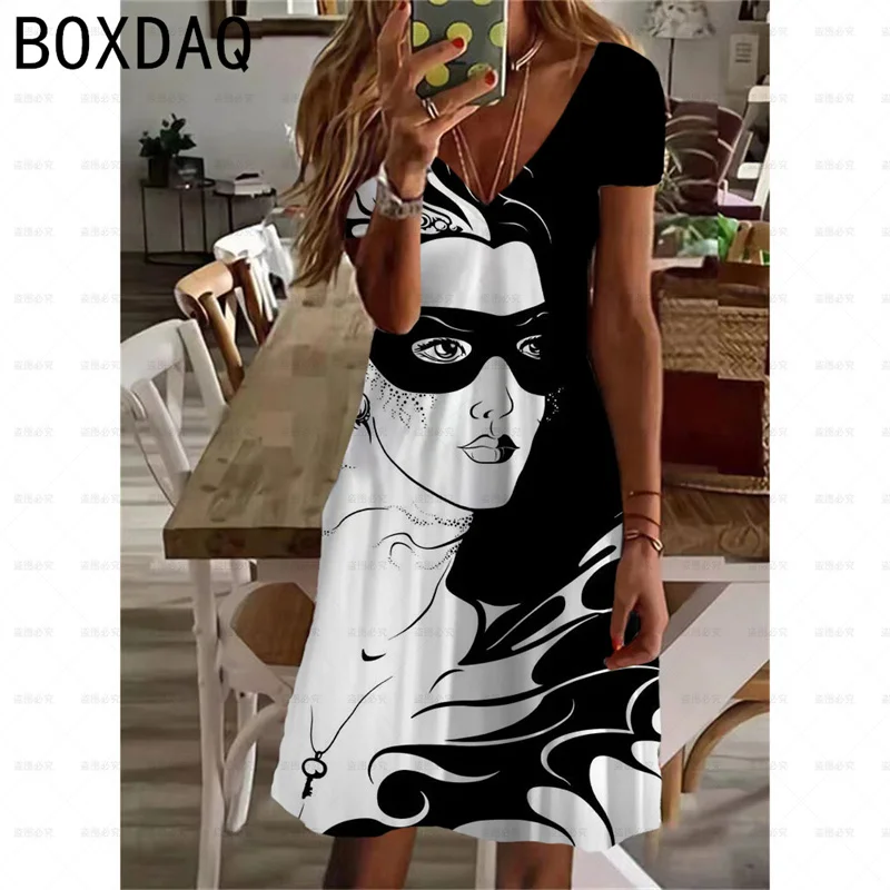 3D Abstract Facial Print Dress Women's Elegant Vintage Casual Knee-Length Dress Oversized Sexy V Neck Short Sleeve A-Line Dress