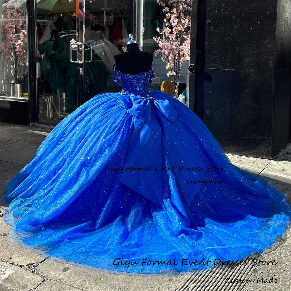 Giyu gaun dansa berkerlip Blue Quinceanera gaun pesta dansa kerah Sweetheart besar berpita besar gaun pesta ulang tahun Formal