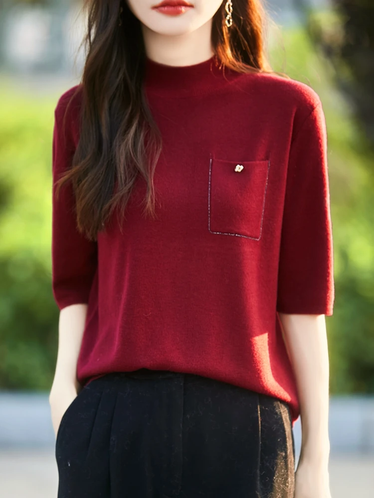 

Новинка 2025 года, пуловер с короткими рукавами, однотонный топ с полувысоким воротником, женская футболка высокого качества, модная удобная футболка для отдыха, топ
