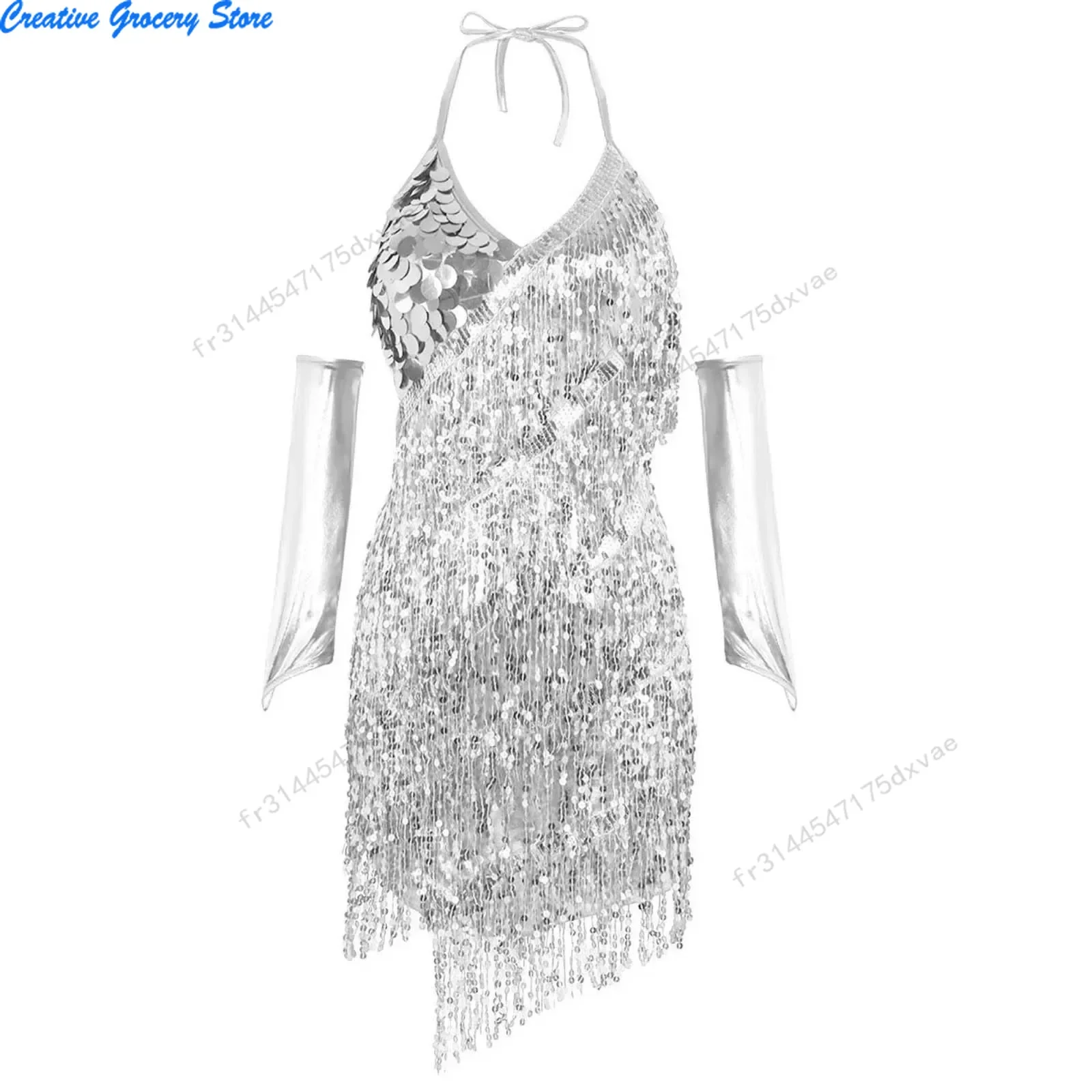 فستان قصير مرقع بشراشيب مطرز للنساء ملابس الرقص اللاتينية فستان متعدد الألوان بدون ظهر غير منتظم بأكمام طويلة