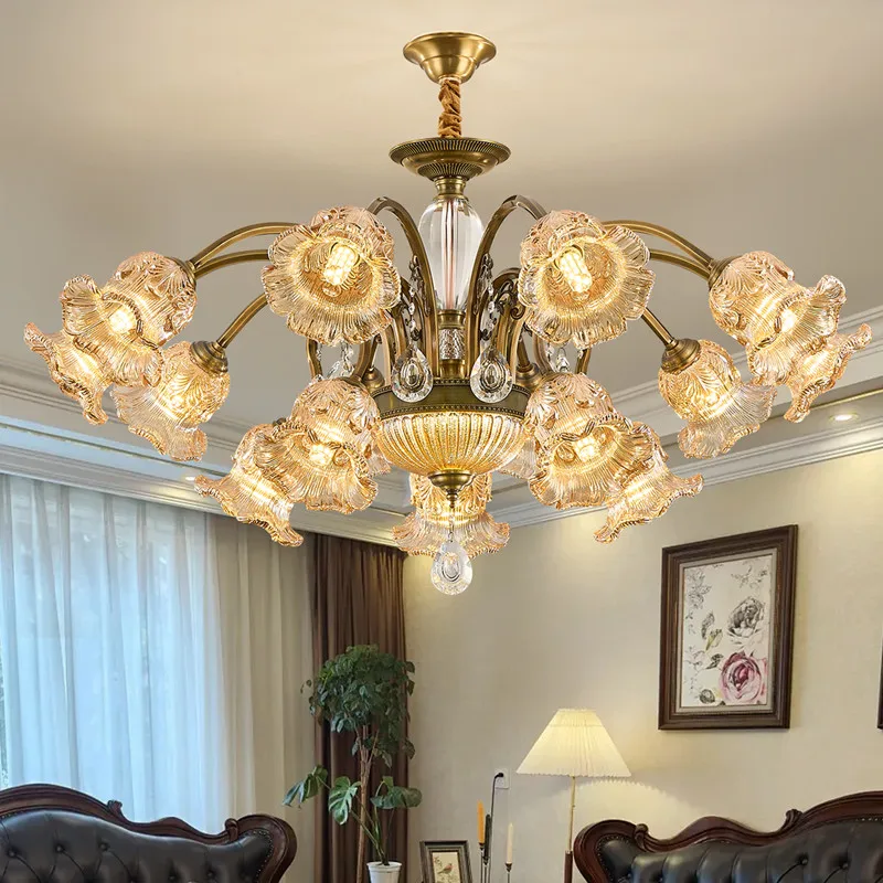 American Retro Brass Chandelier Led European Luxury Crystal Living Room Dining Room Bedroom Study Villa Hotel Pendent Lamp