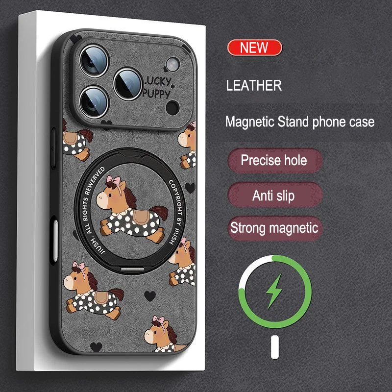 

for iPhone 13 14 15 16 17 Pro Max Case with Stand Ring leather Casing Year of Horse Funda Ponny