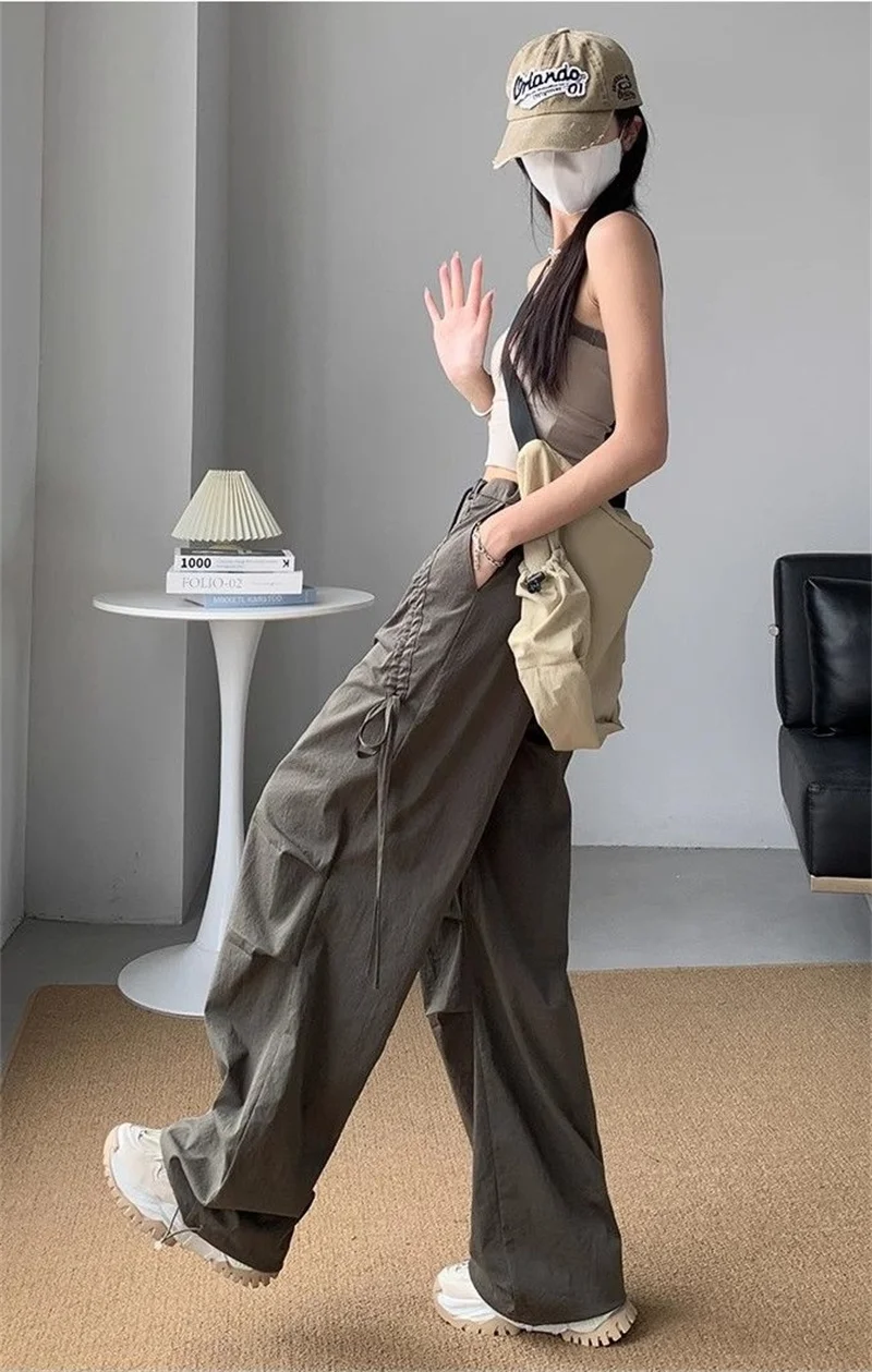 Women Long Cargo Pants autumn Elastic Waist Pocket Baggy Straight Loose Pants Casual Women Korean Trousers