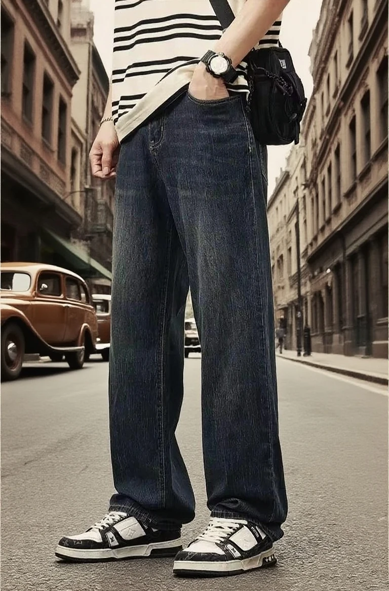 جديد الشارع الشهير فضفاض الجينز الرجال الكورية موضة الرجعية الدنيم السراويل الصلبة غسل عادية مستقيم tubeTrousers الرجال ماركة الملابس ارتداء