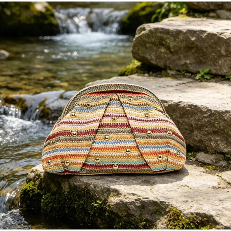 Vintage Häkel-Clutch, Retro-Handtasche für Damen, Sommer Boho Nieten-Dekor, gerüschte Handtasche mit wolkenförmigem Verschluss – Detail 2