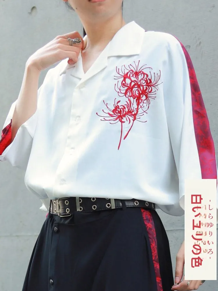 

Stylish Short Sleeve Embroidered Shirt Axes Femme Neutral Style Men Women Can Wear Hanami Cherry Blossom Print Commute Vintage