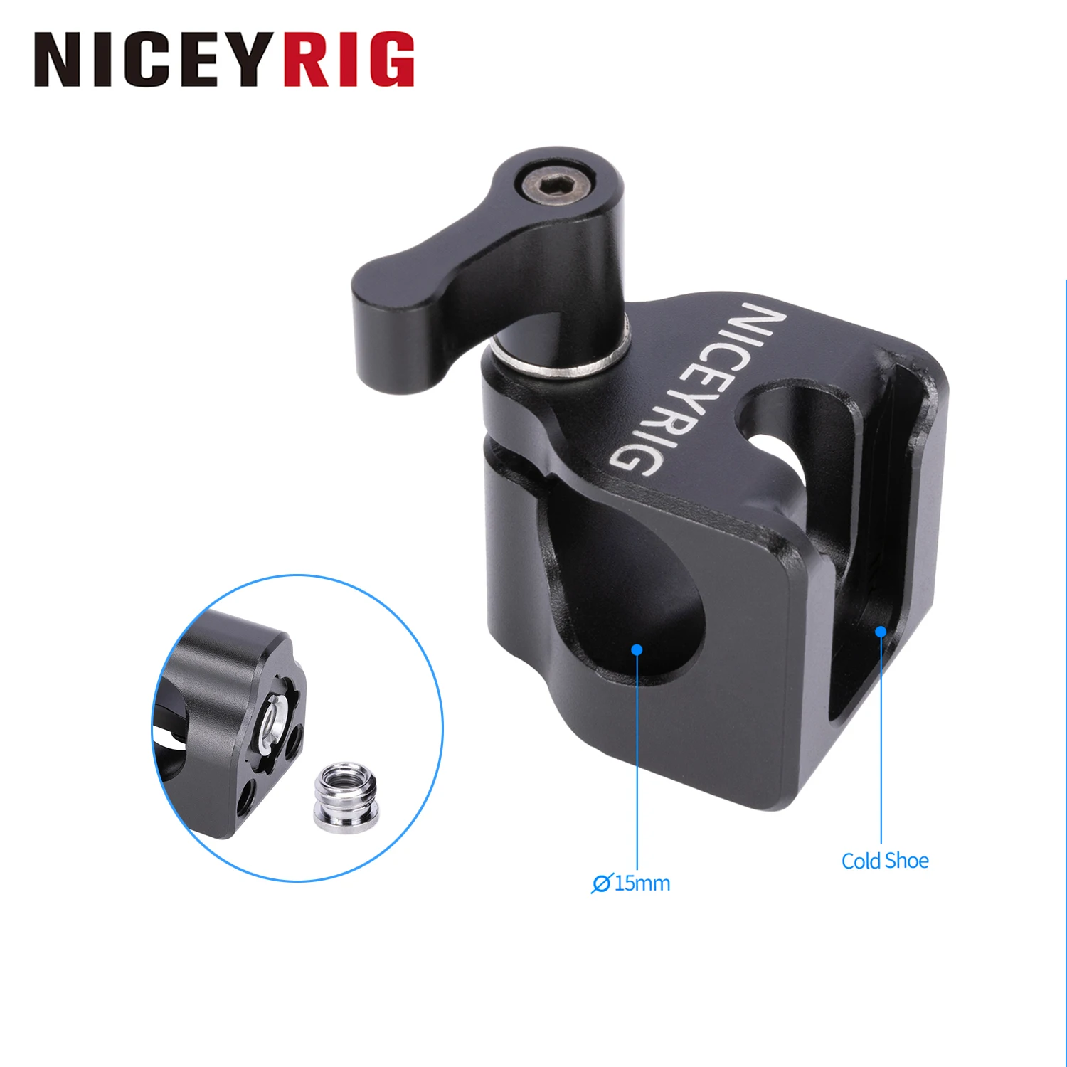 NICEYRIG 15mm Rod Clamp to Cold Shoe Mount, Locating Holes for ARRI & 1/4’’, for 15mm Rod Rail Extension Support