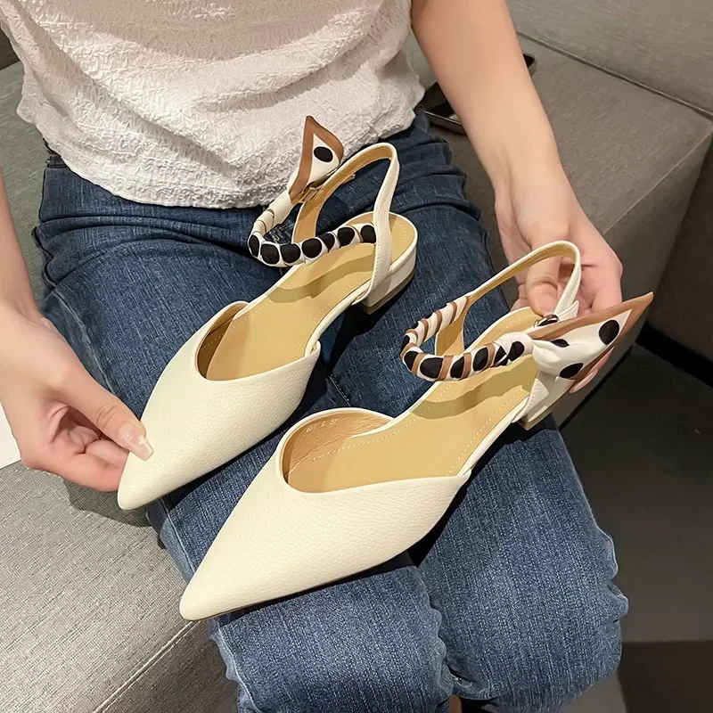 Sandalias de tacón bajo con punta estrecha, zapatos de verano 2023 para mujer, ropa de lujo para mujer, zapatos elegantes de fiesta coreanos naranjas con corbatas de diseñador