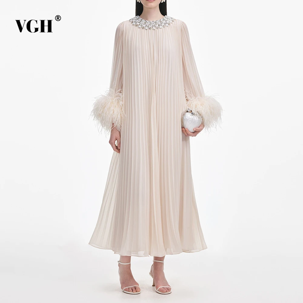 VGH Apricot Color Luxury Evening Dress for Women O Neck Flare Sleeve Patchwork Feather Loose Waist Pleated Long Dresses Female