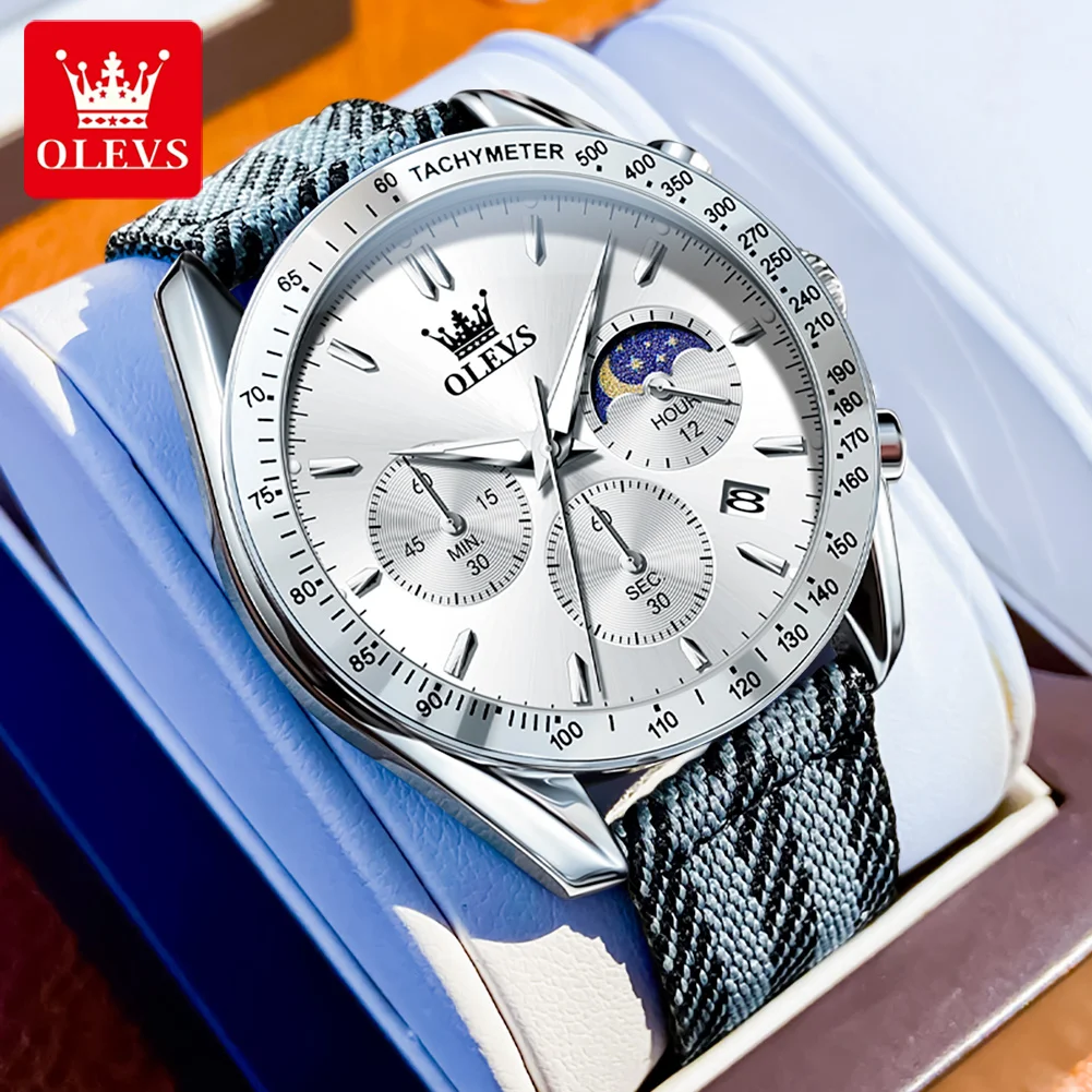 

OLEVS 3630 Man Watch Fashion Nylon Strap Chronograph Date Quartz Watch For Men Moon Phase Waterproof Luminous Sport Wristwatch