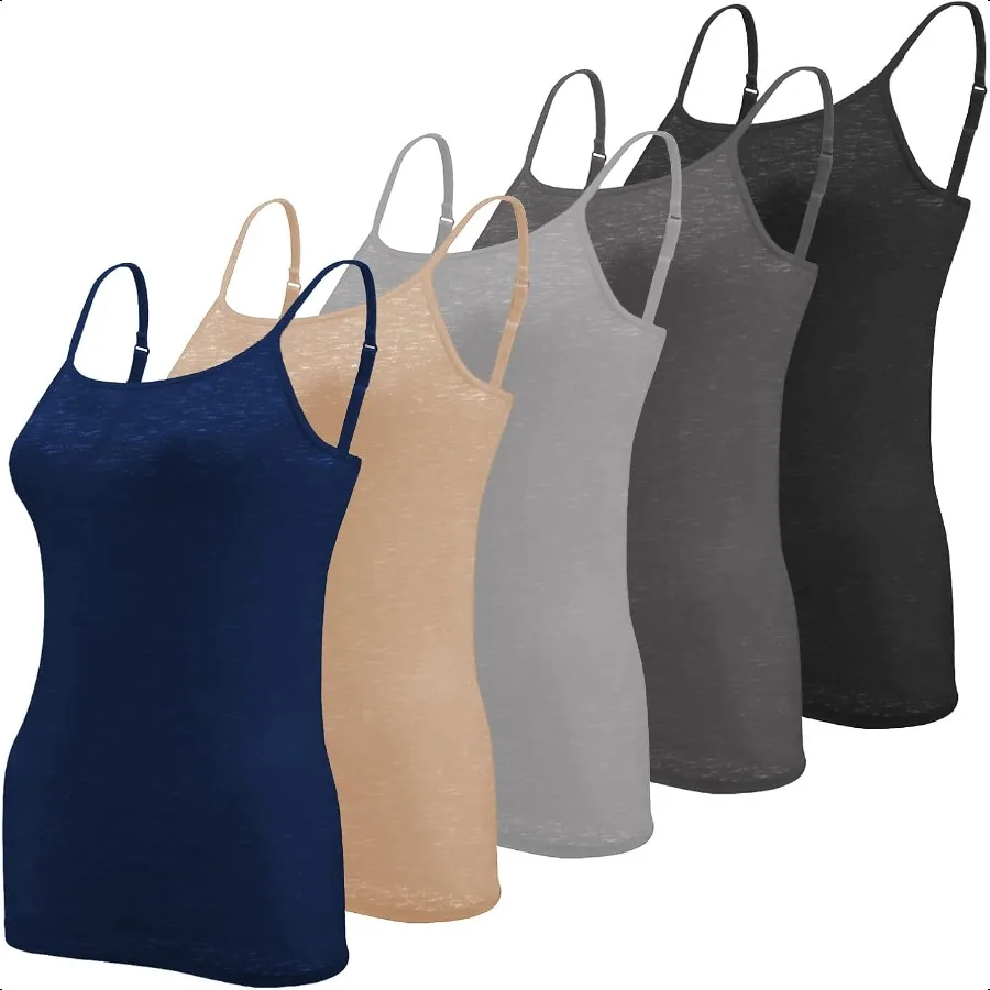 

Sexy Basics Women's Basic Camisole Adjustable Spaghetti Strap Semi Sheer Slub Tank Top 5 Pack