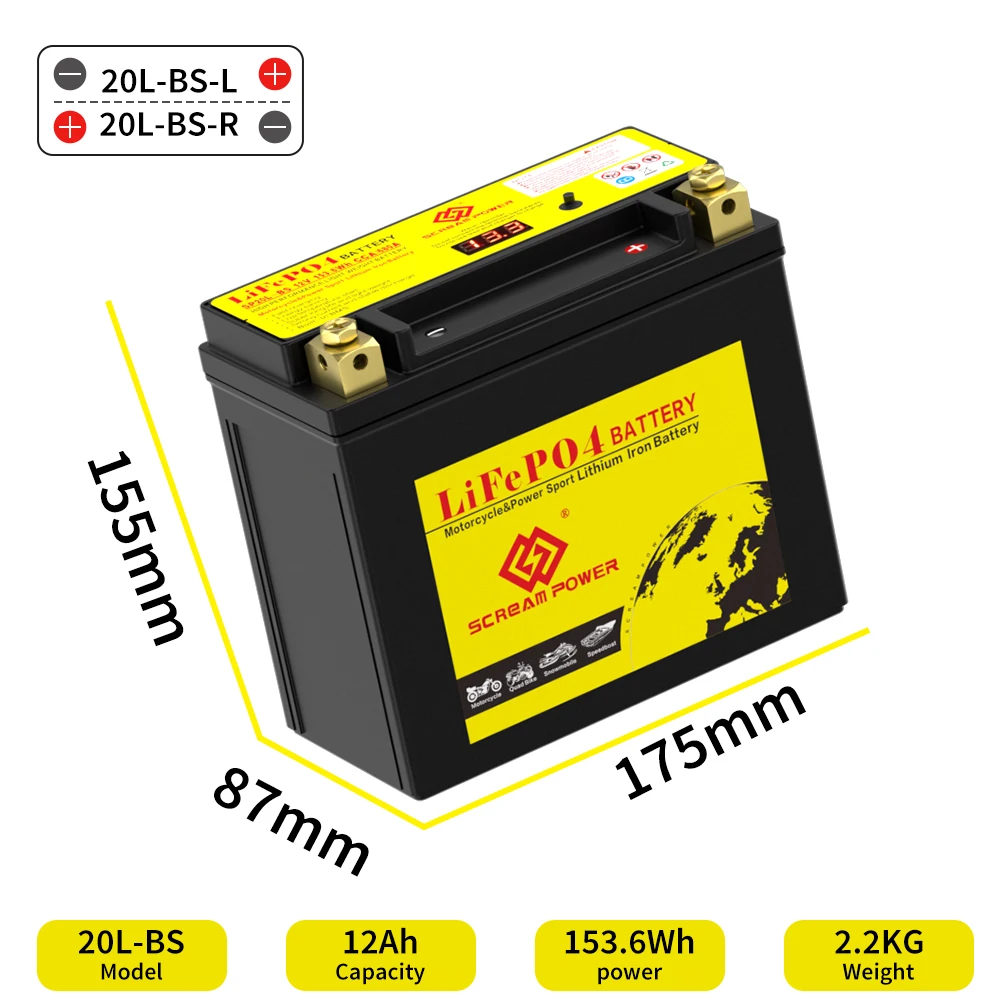 20L-BS LiFePO4 Motorcycle Battery 12V 12Ah 620A CCA with BMS YTX20L-BS Rechargeable Maintenance Free ATV UTV Motorcycle Battery