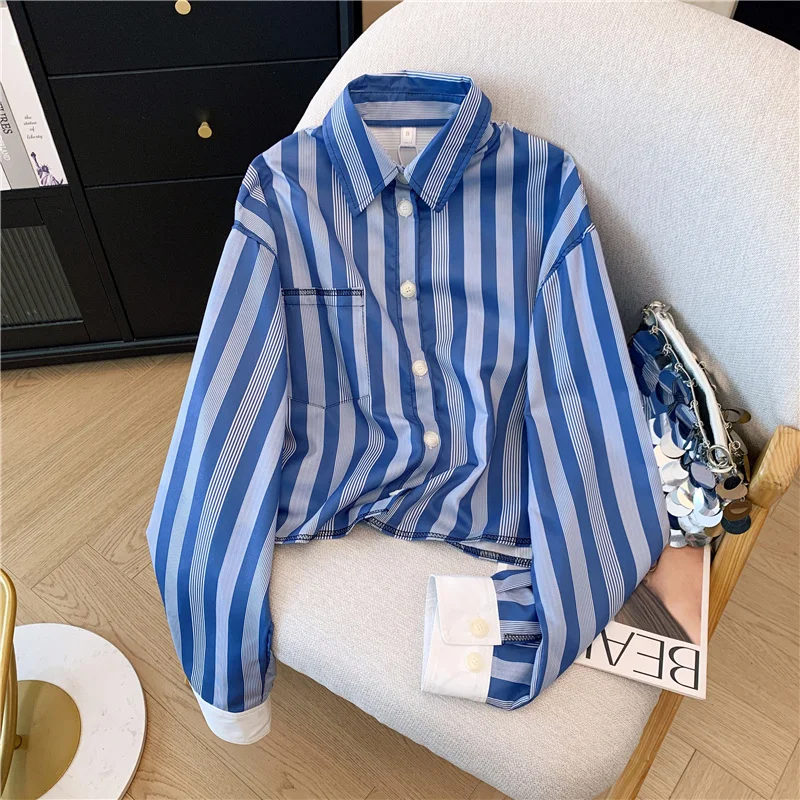 

Женская синяя полосатая рубашка с длинным рукавом и воротником Y2K, элегантная французская рубашка в стиле 2000-х годов, модная офисная верхняя рубашка в стиле ретро, одежда