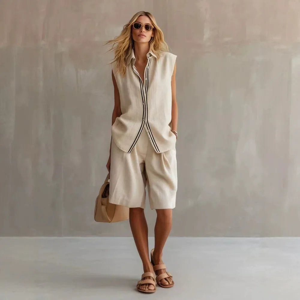WomenLinen Shirt Bermuda Shorts 2 Piece Set Collar Sleeveless Striped Trim Button Down Loose Casual Outfit Beach Resort Travel