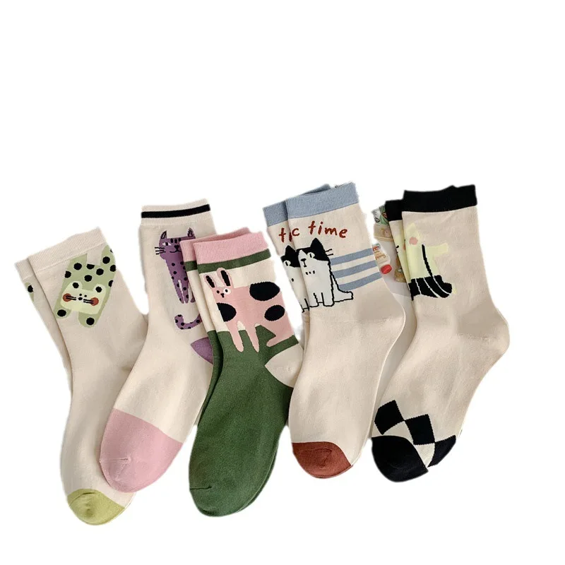 Cotton Socks Women Autumn Winter Cute Kawaii Harajuku Street Cartoon Cat Mid-tube Breathable Sweat Absorption Sport Student Sock