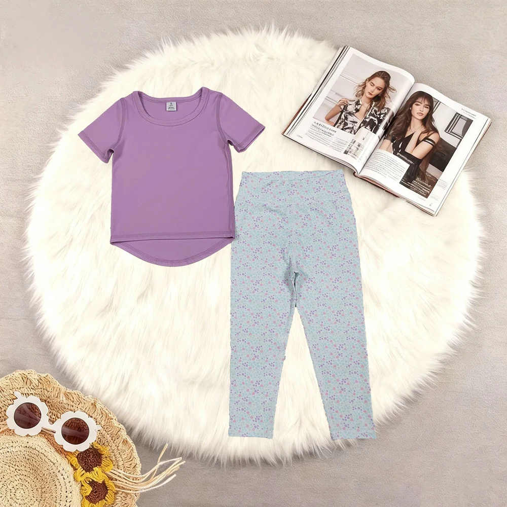 

11.3 Baby Girls Lavender Short Sleeve Top Floral Legging Pants Yoga Active Clothes Set