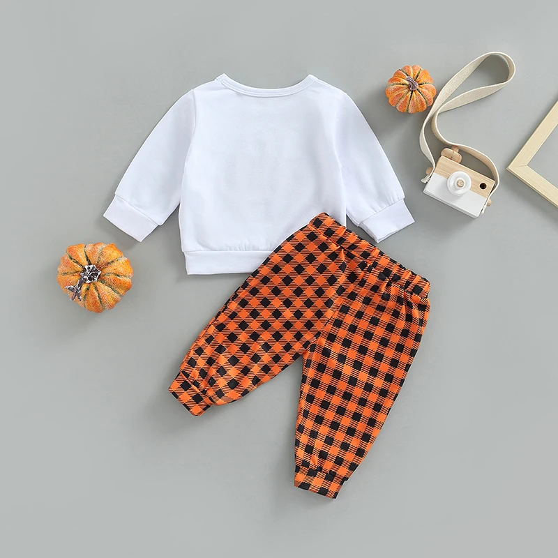 Toddler Halloween Costume Set Long Sleeve Pumpkin Ghost Printed Tops and Striped Pants for Boys and Girls