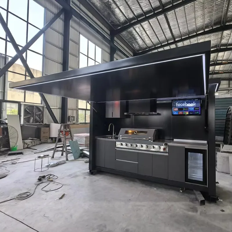 Hot Selling Bifold Doors Outdoor Kitchen With Shed Moisture Proof Cool Colors Outdoor Kitchen BBQ Pod For Courtyard Villa