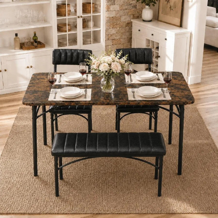 Dining Table Set for 4 with Upholstered Seats, Rustic Brown Solid Wood Top, Scratch-Resistant Finish, Compact Design for Small