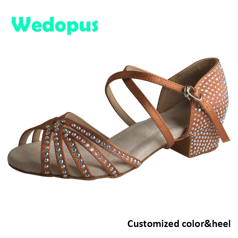 Wedopus Standard Woman Dance Shoes Bronze Satin Dance Shoes with Rhinestones for Women and Girls Customized Heel