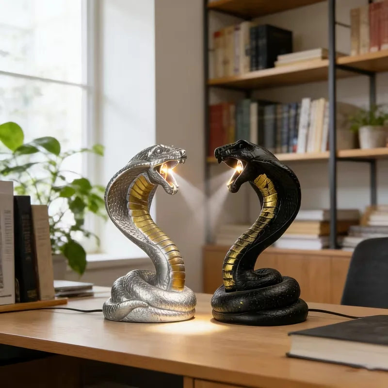LED Cobra Snake Table Lamp Resin Serpent Night Light Gothic Desk Decor Ambient Lighting for Bedroom Living Room Office Gift