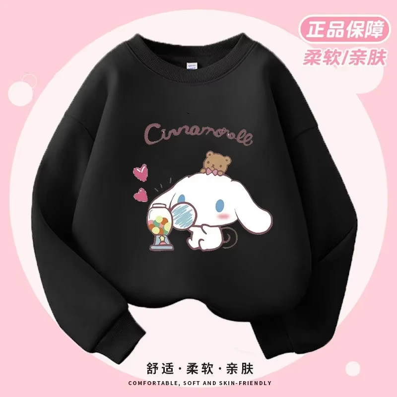 Sanrio Series Printed Crew Neck Long-Sleeve Top, Cute and Warm Fleece-Lined Crew Neck Long-Sleeve T-Shirt, 100% Cotton