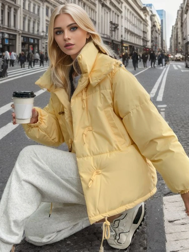 

Jacket for Women 2023 Korean Fashion Button Long Sleeved Tops Yellow Hooded Jackets Woman Clothes Coat Thick Winter Parkas