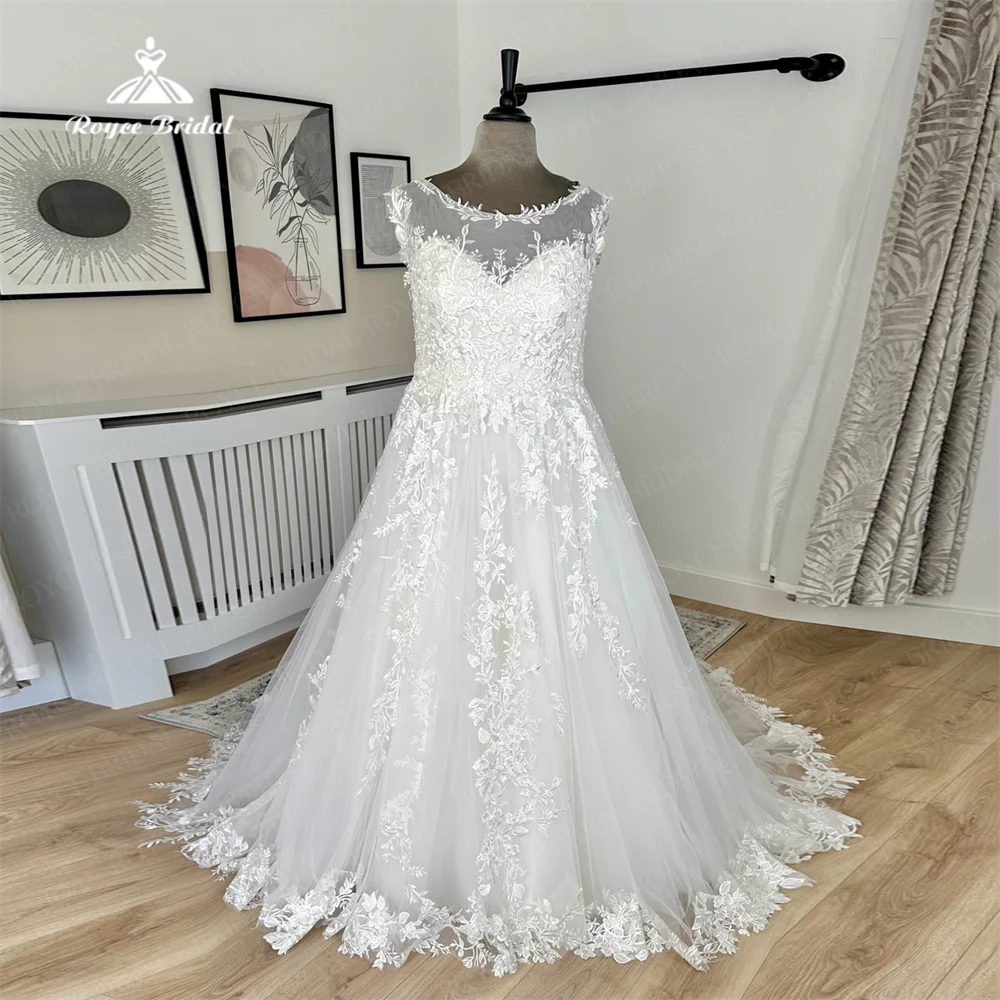 

Luxury Lace Applique A Line Wedding Dress Scoop Collar Formal Bride Gowns Tulle Lace-Up For Women Plus Size robe de mariée