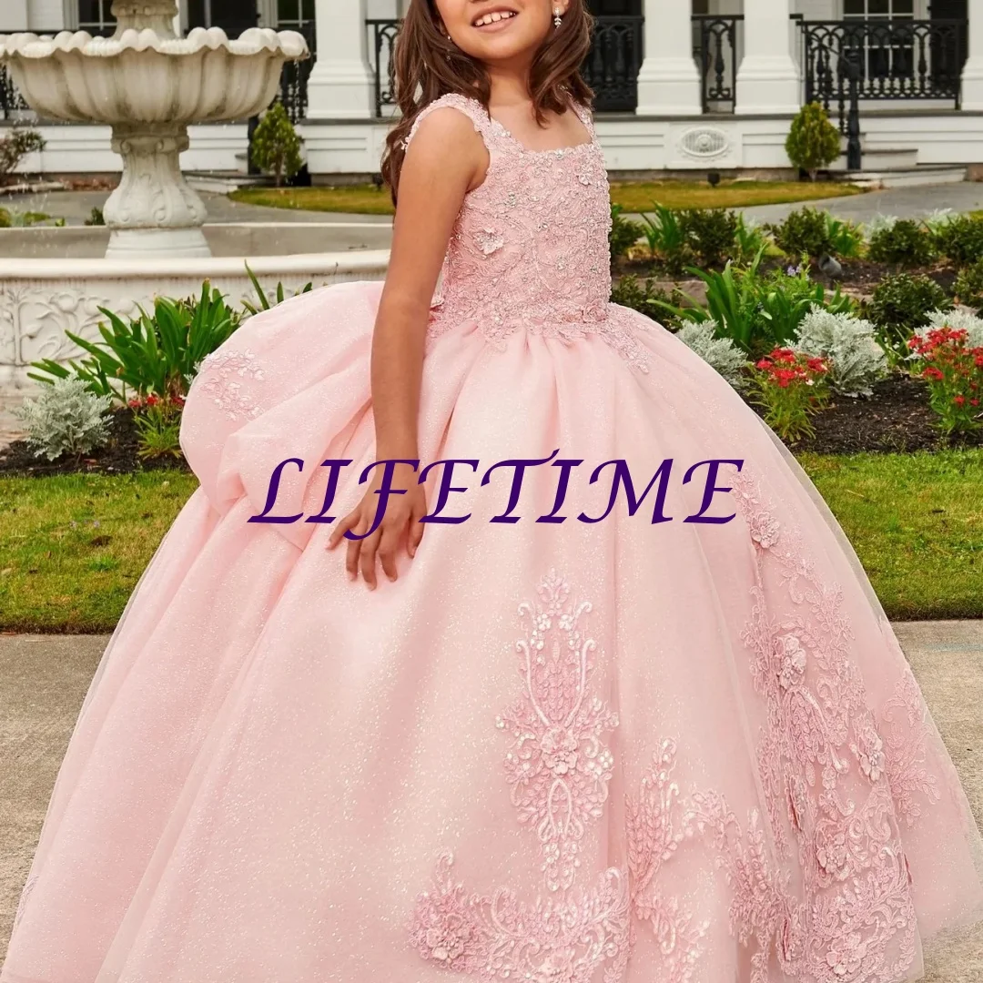 

Pink Mini Quinceanera Dresses Mexican Ball Gown Tulle Appliques Flower Girl Dresses Weddings Pageant Dresses Kids Customized