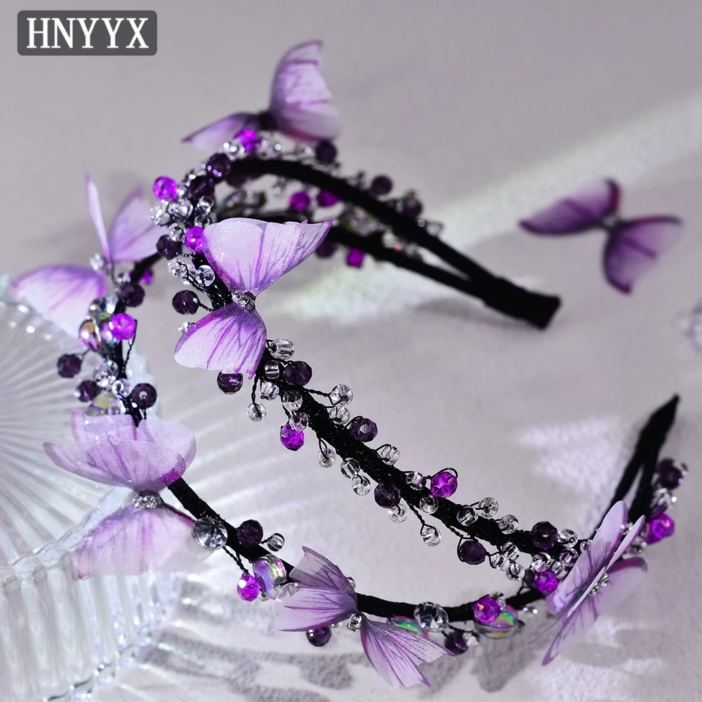 HNYYX Purple Rhinestone Wide Hairband Double Row Crystal Tiara With Butterfly Wedding Bride Wedding Hair Accessories A160