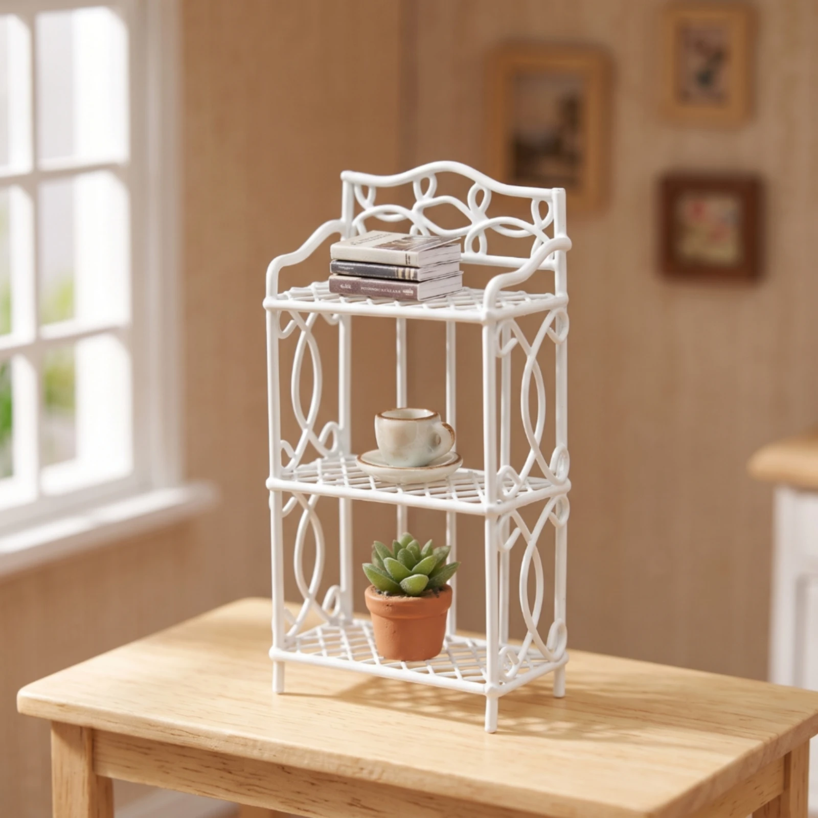 Miniature Shelf with Scrollwork Three-Tier Miniature Display Rack Dollhouse Shelf Practical Furniture Vertical