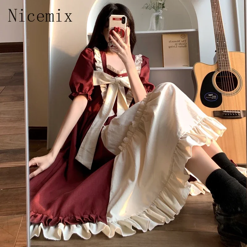 

25 Summer Academy Style Bubble Sleeve Loose Spliced Mid Length Princess Dresses for Women Bow Sweet Girl Lolita Style Long Dress