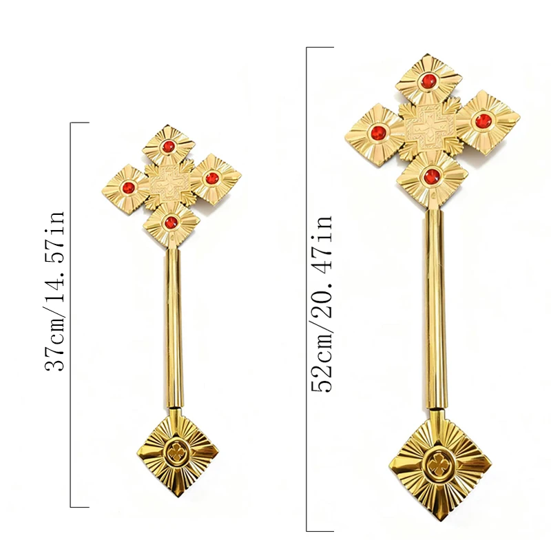 Eastern Orthodox Metal Cross Scepter Religious Ceremony Sacrament Celebration Inlaid With Bright Ruby Classic Religious Aestheti