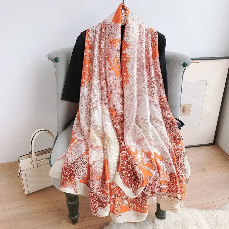 

Women Silk Scarf Floral Embroidery Hijab Female Foulard Spring Summer Thin Pashmina Shawls Wraps Bufanda Headscarf Stoles