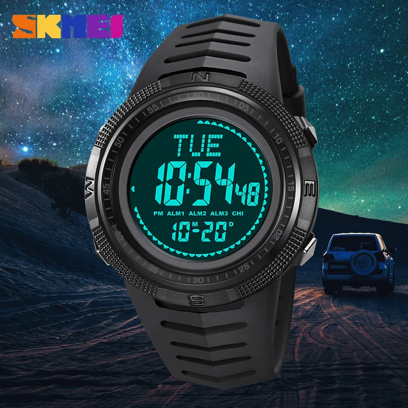 SKMEI Men Watch World Time Compass reloj hombre Sport Fitness Watches for Mens Digital 50M Waterproof Wristwatch 3 Alarm Clock