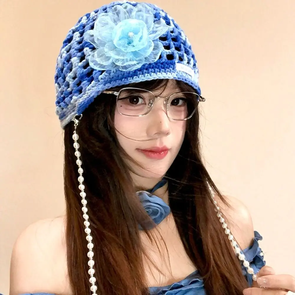 

Bohemian Style Crochet Tassel Beanies Hat Dopamine Color Weave Flower Pullover Cap Hollow Thin Bow Pearl Beanie Cap Girls