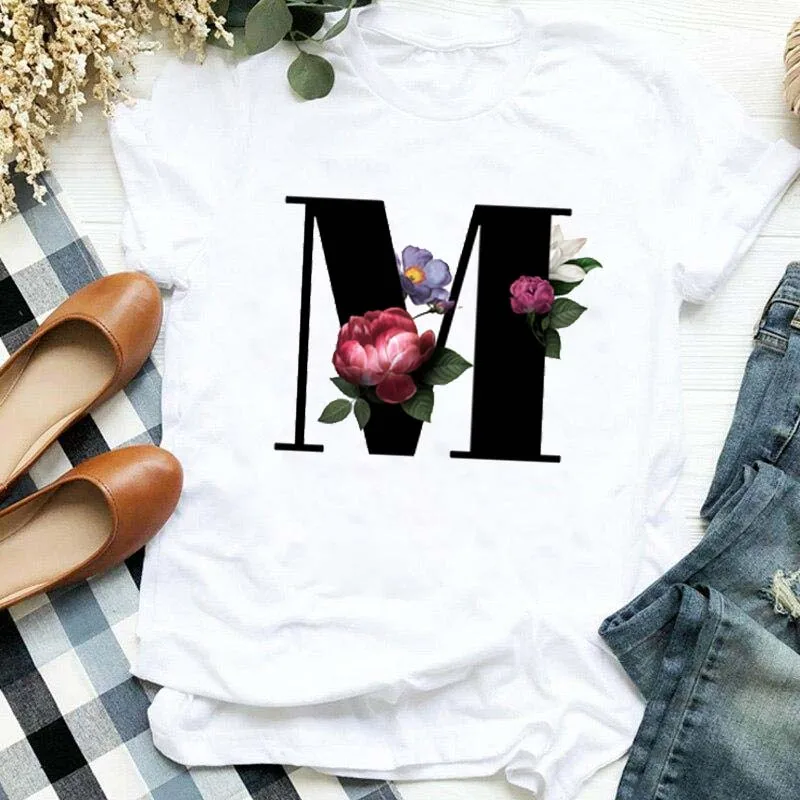 Custom Name Letter Combination Women\'s High Quality Print T-shirt Flower Letter Font A B C D E F G Short Sleeve  Female Tshirt