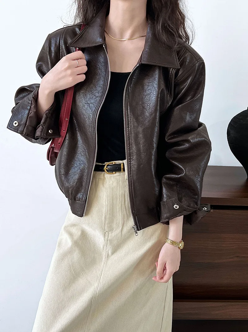 American Vintage PU Leather Jacket Women Turn-down Collar Zipper Long Sleeve Coat Korean Chic Simple All-match Autumn Winter Top