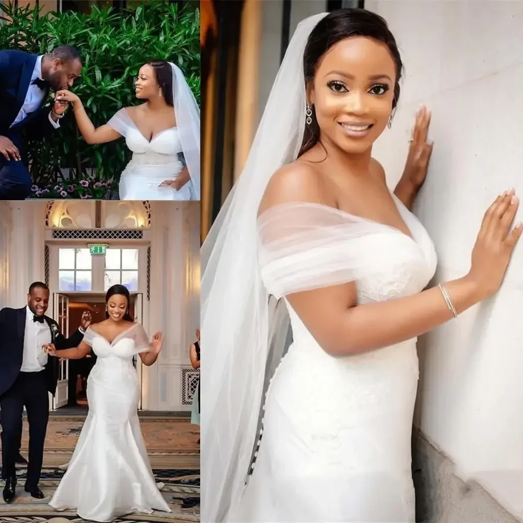 تخصيص قبالة الكتف حورية البحر فساتين الزفاف مطوي تول زين الدانتيل الساتان الأفريقي حجم كبير زي العرائس Vestido