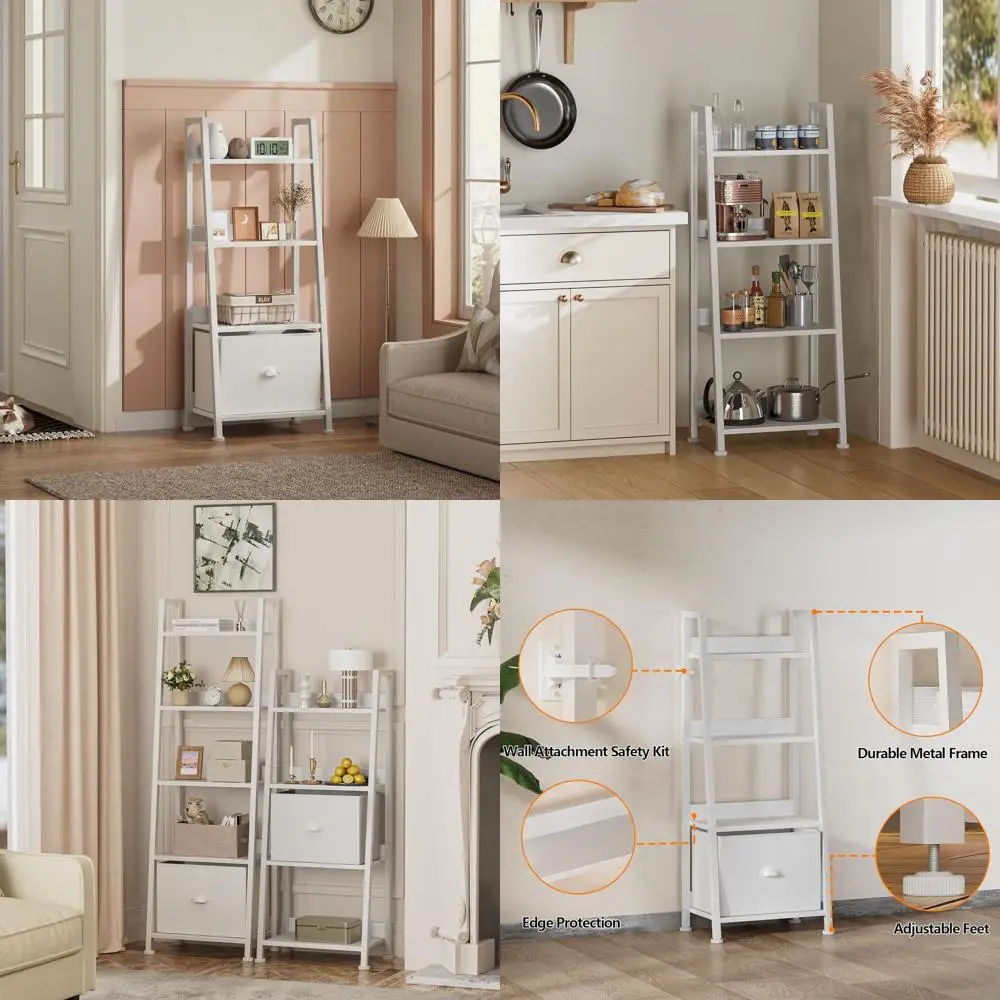 

White 4-Tier Ladder Bookshelf with Drawer, Home Storage Organizer for Living Room, Office, Bedroom