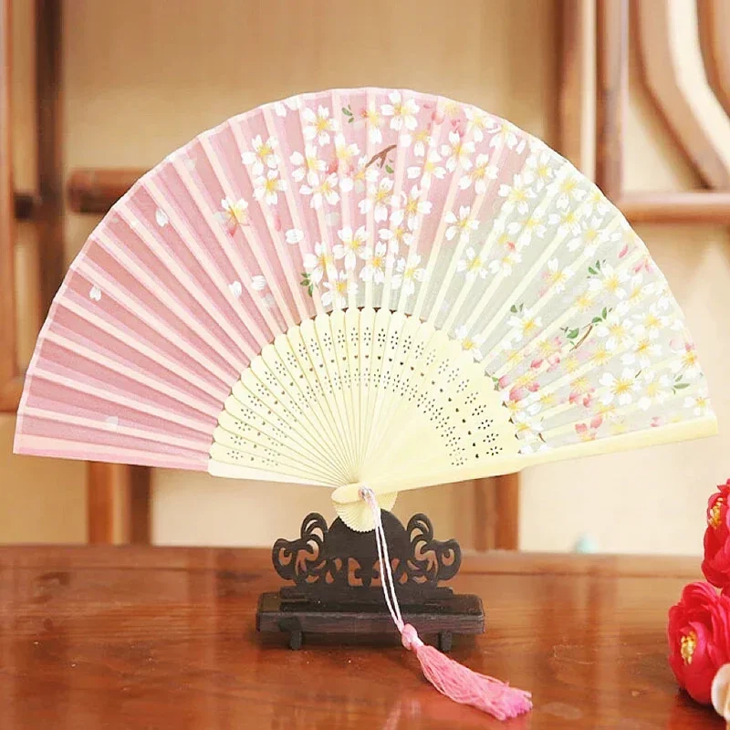 Vintage Silk Folding Fan Chinese and Japanese Bamboo Tassel Plum Blossom Dance Hand Fan, Wedding Craft Ornament, Home Decoration